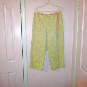 Talbots Pineapple Embroidered Pants Size 14 High Rise Wide Leg Capri Resortwear